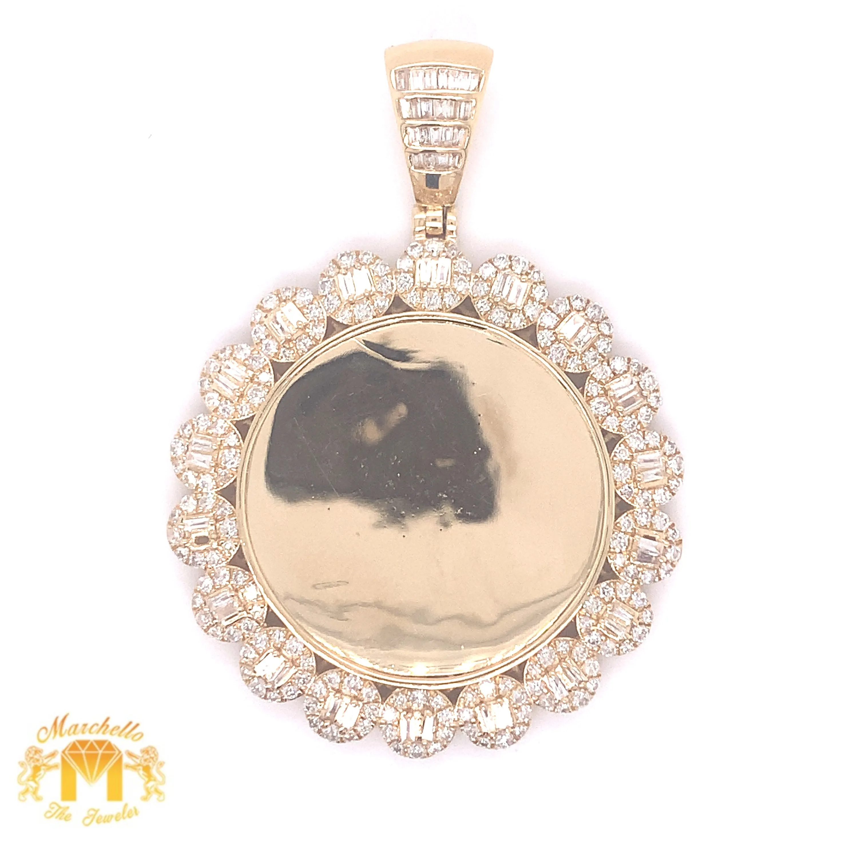14k Gold Memory Picture Pendant with Round and Baguette Diamond & Gold Cuban Link Chain Set
