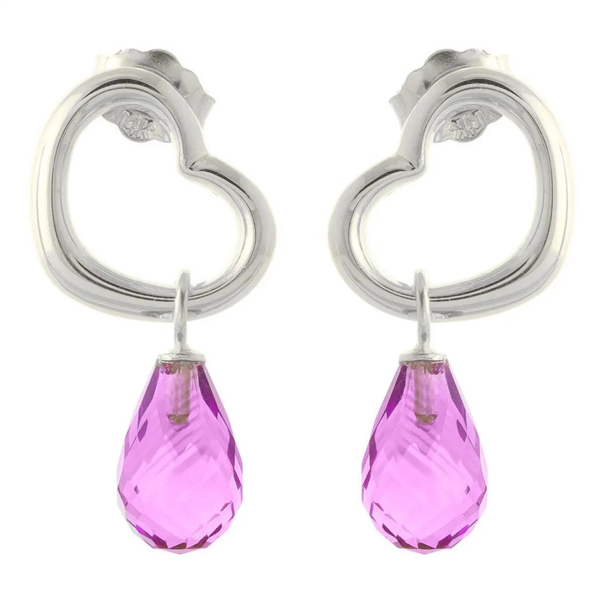 14K Solid White Gold Heart Earrings w/ Dangling Natural Pink Topaz