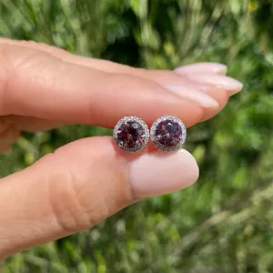 14K WG 2.22tcw Raspberry Zircon & .15tcw Diamond Halo Stud Earrings 2.6g Regard Jewelry