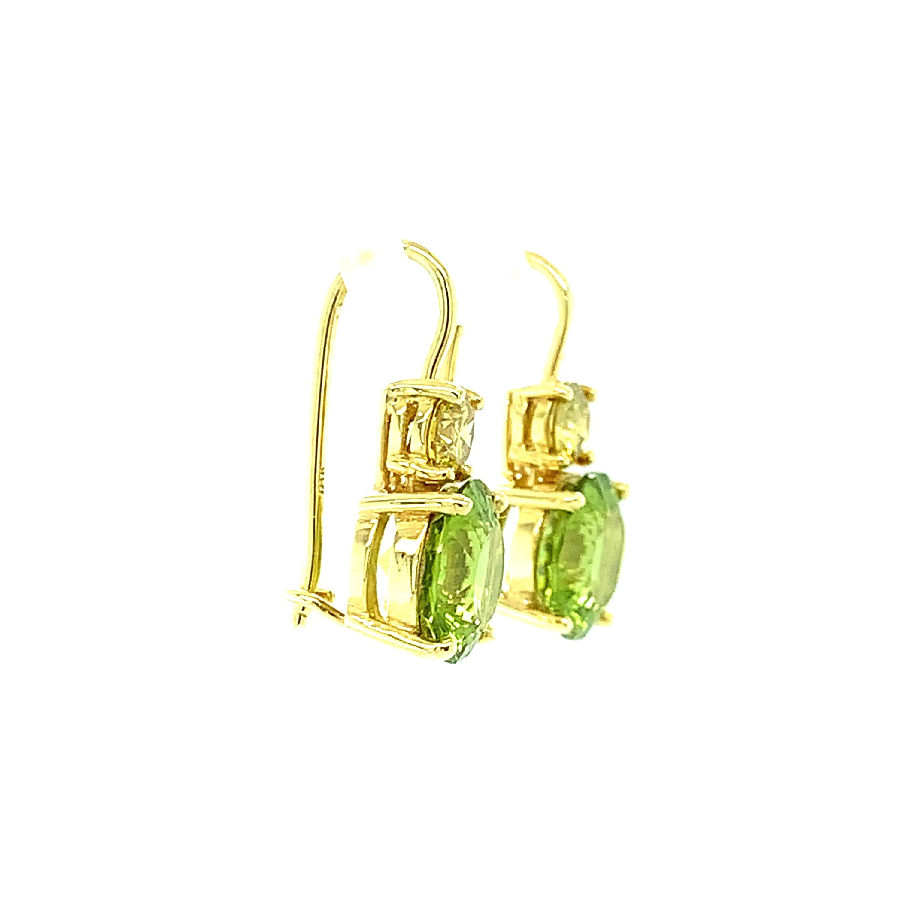 5.38 Carat Total Peridot and Yellow Diamond Yellow Gold Drop Earrings
