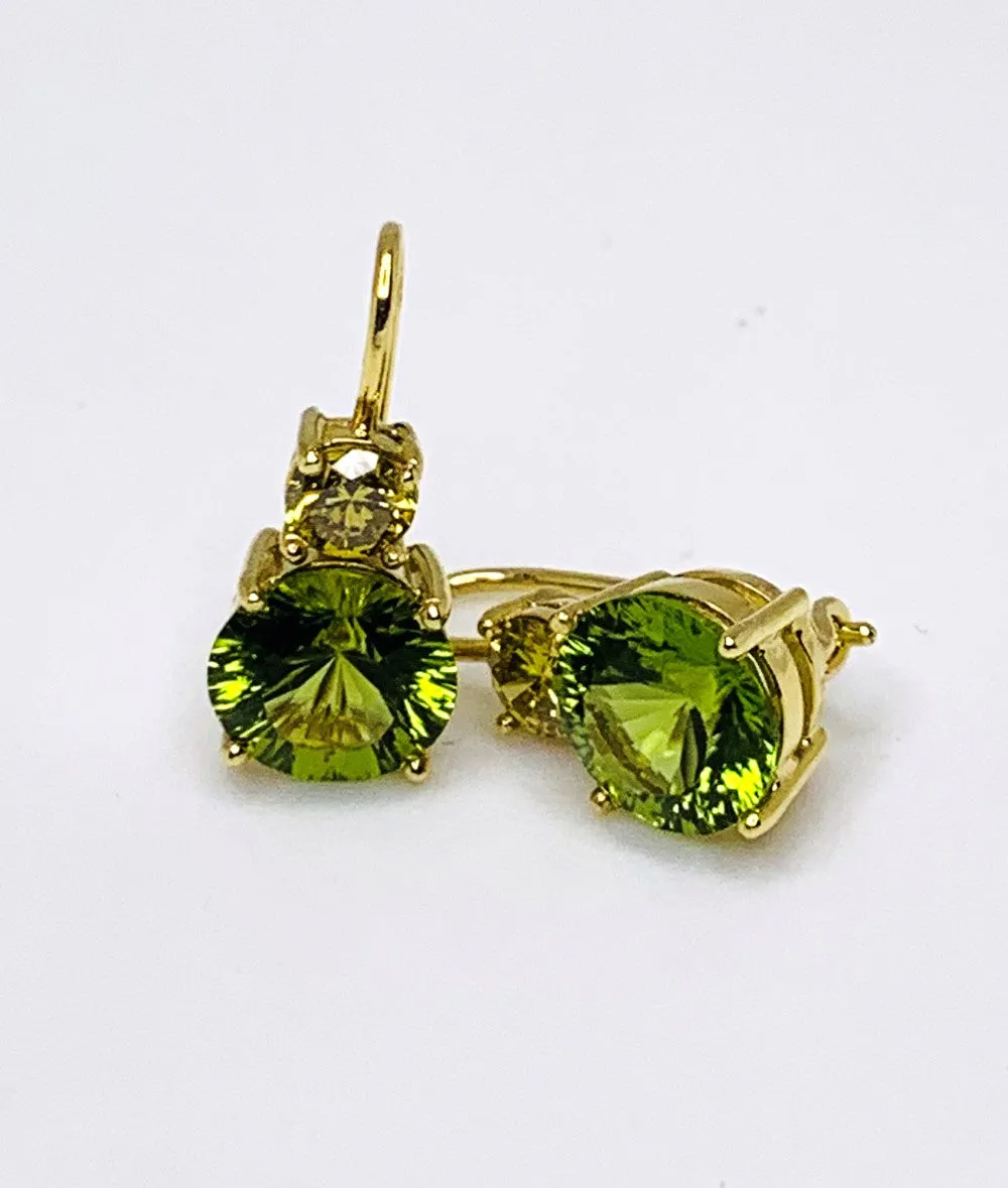 5.38 Carat Total Peridot and Yellow Diamond Yellow Gold Drop Earrings