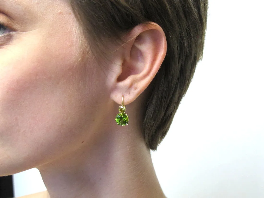 5.38 Carat Total Peridot and Yellow Diamond Yellow Gold Drop Earrings