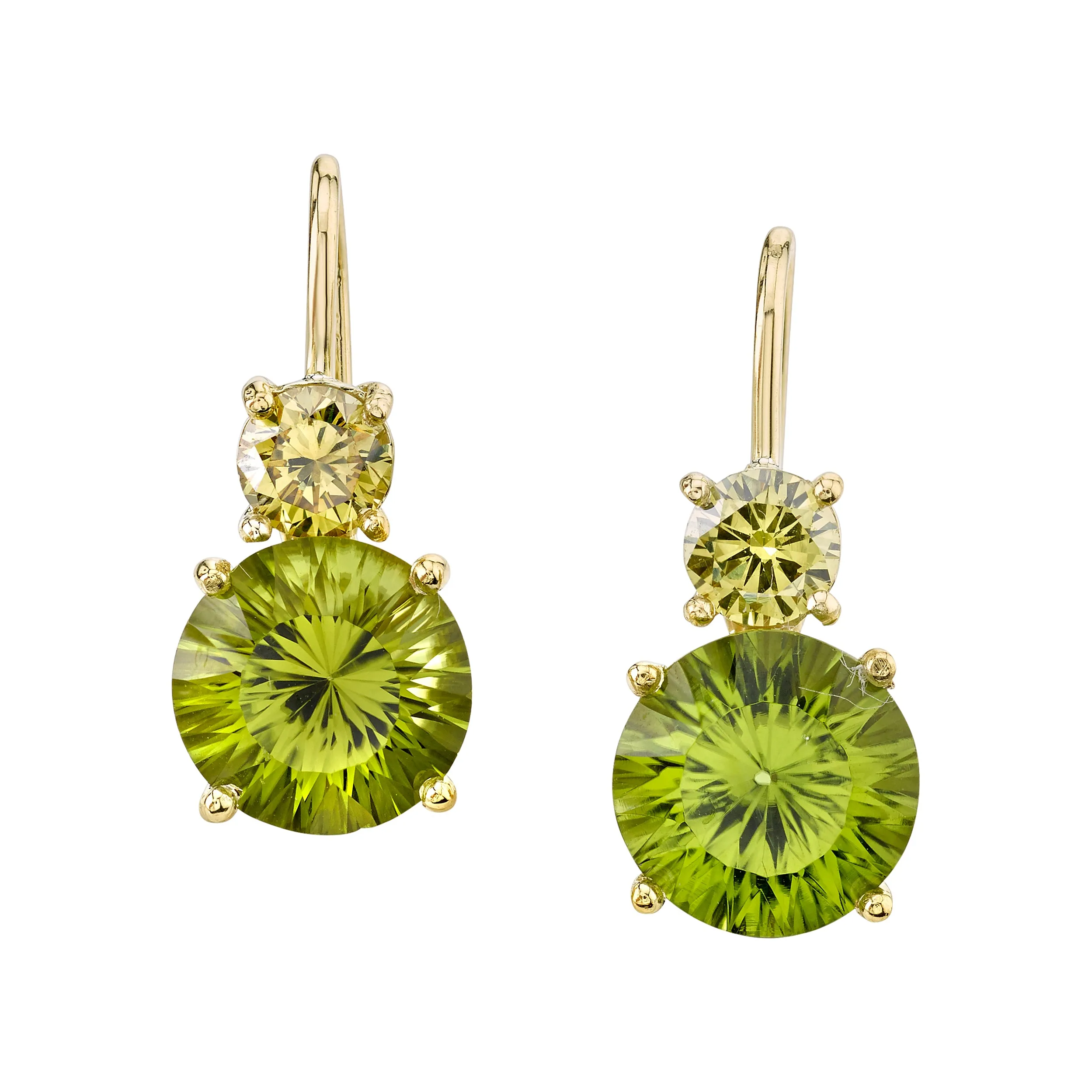 5.38 Carat Total Peridot and Yellow Diamond Yellow Gold Drop Earrings