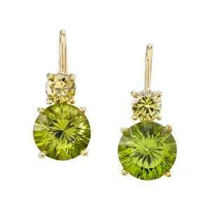 5.38 Carat Total Peridot and Yellow Diamond Yellow Gold Drop Earrings