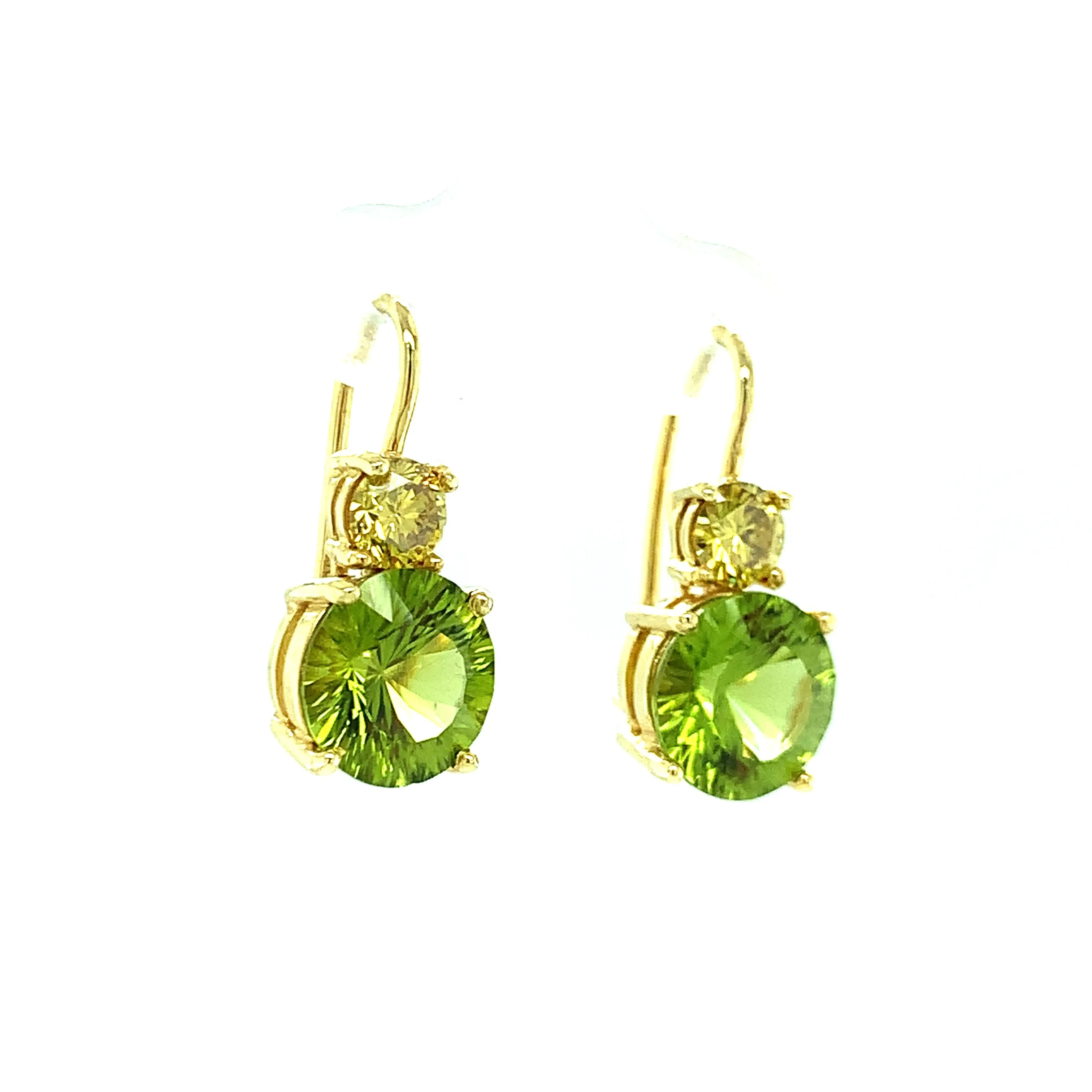 5.38 Carat Total Peridot and Yellow Diamond Yellow Gold Drop Earrings
