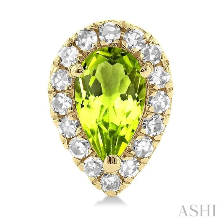 5x3 MM Pear Shape Peridot and 1/8 ctw Single Cut Diamond Halo Semi Precious Stud Earrings in 14K Yellow Gold