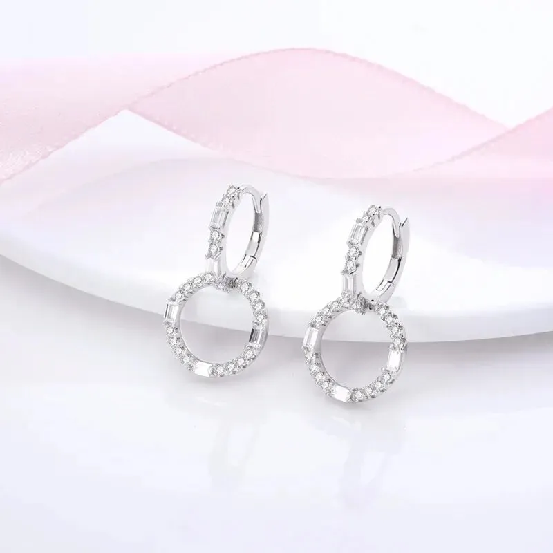 925 Silver Earrings Hollow Circle Shiny Zircon Elegant Style Gift