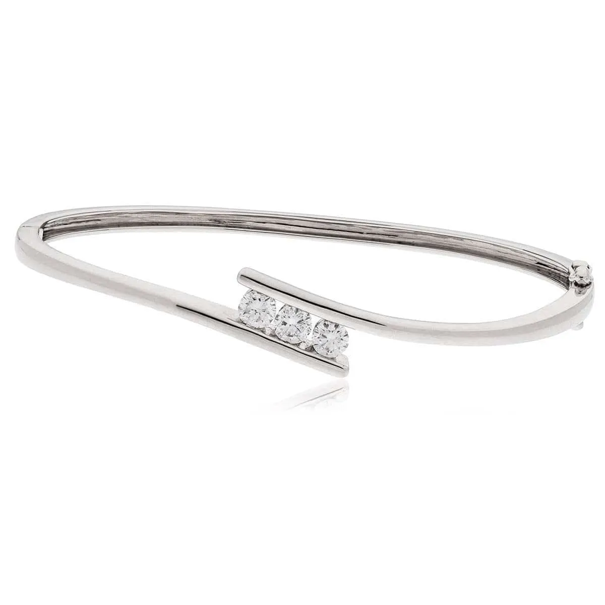 DIAMOND THREE-STONE CROSS OVER BANGLE IN 18K WHITE GOLD