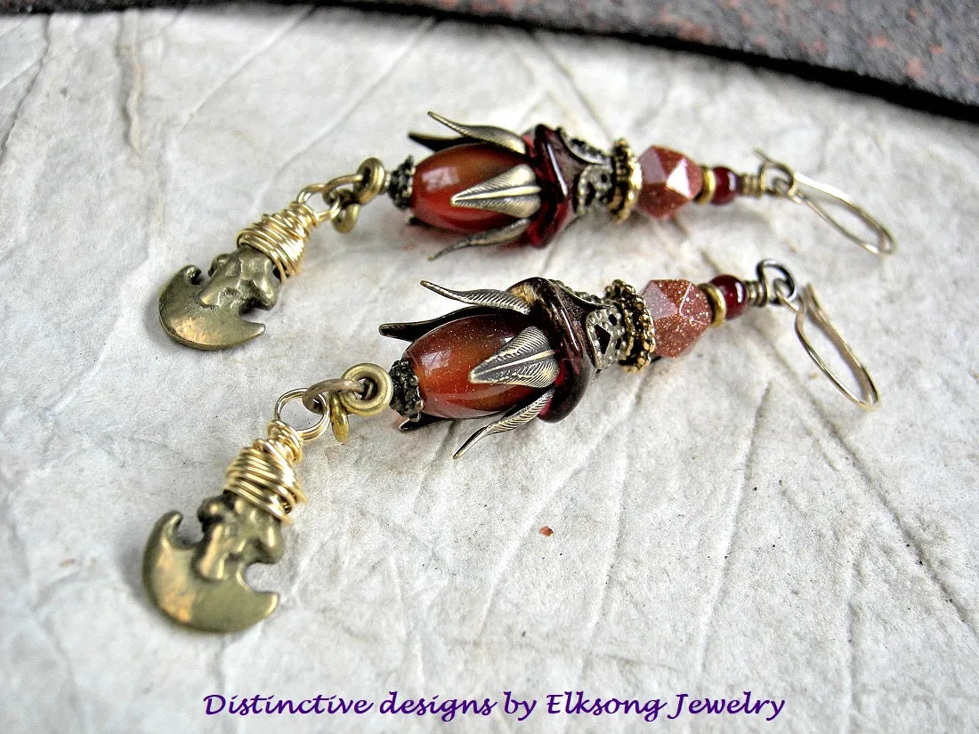 Golden Crescent Earrings, Carnelian, Goldstone, Vintage Brass Charms