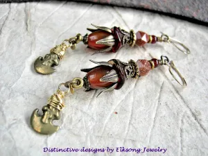 Golden Crescent Earrings, Carnelian, Goldstone, Vintage Brass Charms