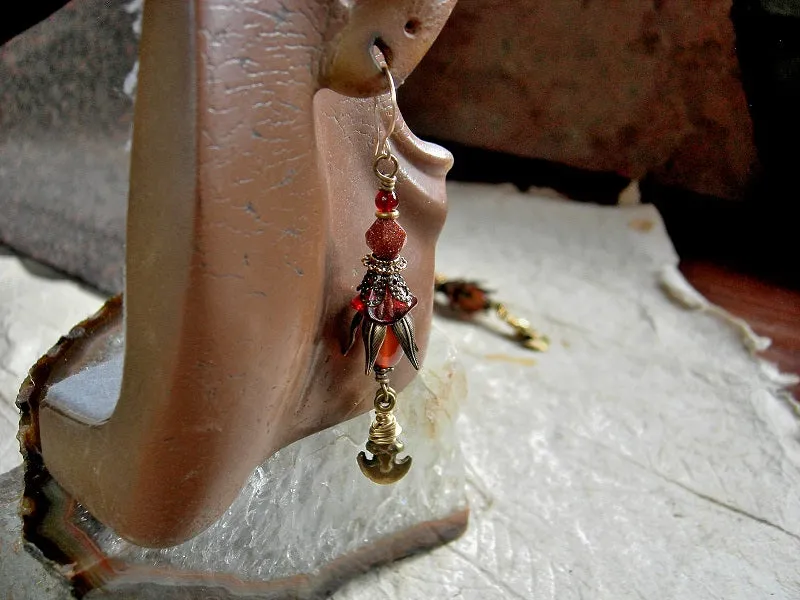 Golden Crescent Earrings, Carnelian, Goldstone, Vintage Brass Charms