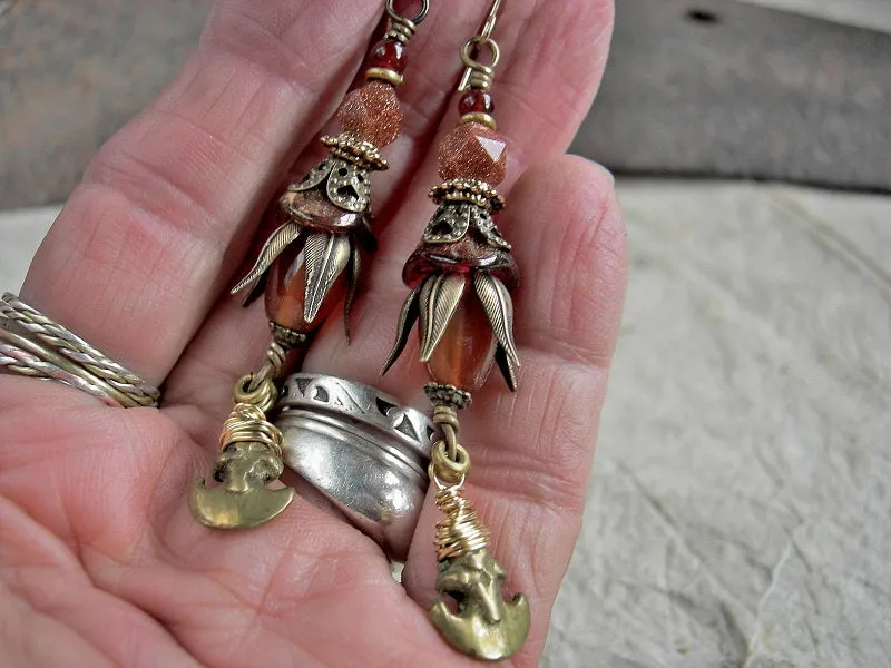 Golden Crescent Earrings, Carnelian, Goldstone, Vintage Brass Charms
