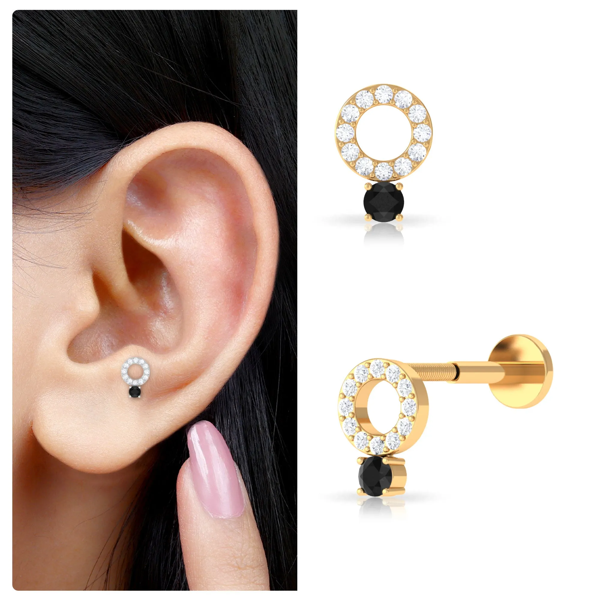 Minimal Black and White Diamond Open Circle Cartilage Earring