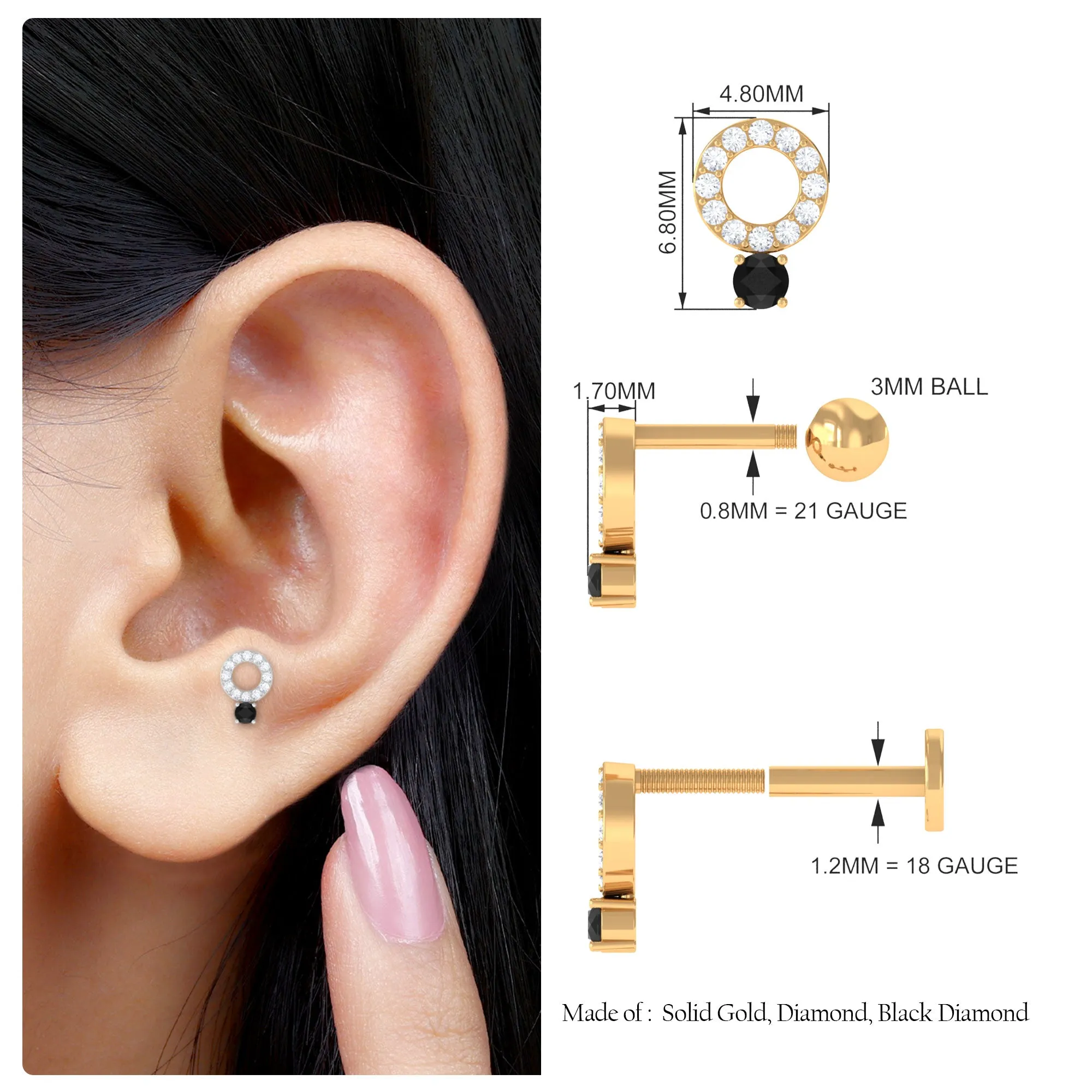 Minimal Black and White Diamond Open Circle Cartilage Earring