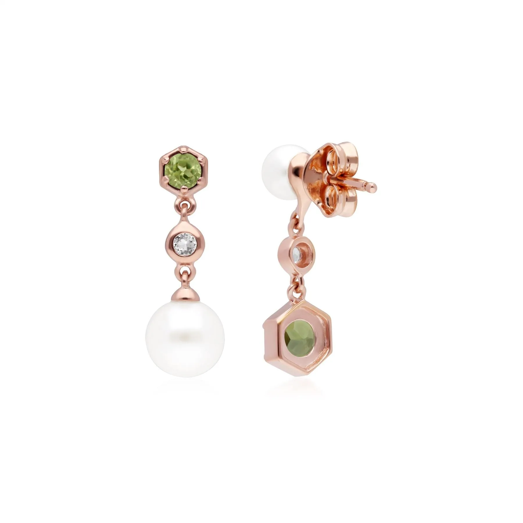 Moderne Perle, Peridot & Topas Asymmetrische Tropfen Ohrringe in Rose Vergoldetem Sterling Silber