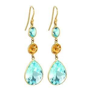 Round & Pear Shape Blue Topaz with Citrine Earrings