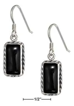 Sterling Silver Rectangle Simulated Black Onyx Earrings with Rope Border