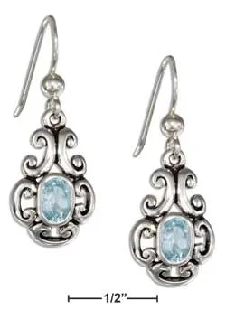 Sterling Silver Scrolled Design Oval Blue Topaz Earrings