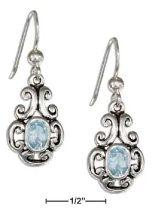 Sterling Silver Scrolled Design Oval Blue Topaz Earrings