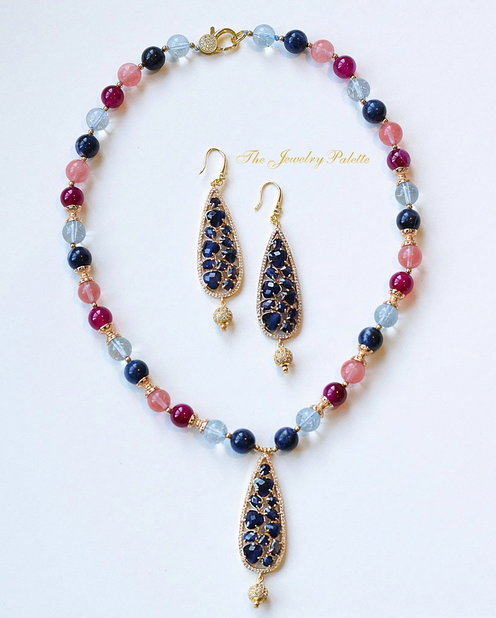 Venetia navy blue gemstone necklace and earrings