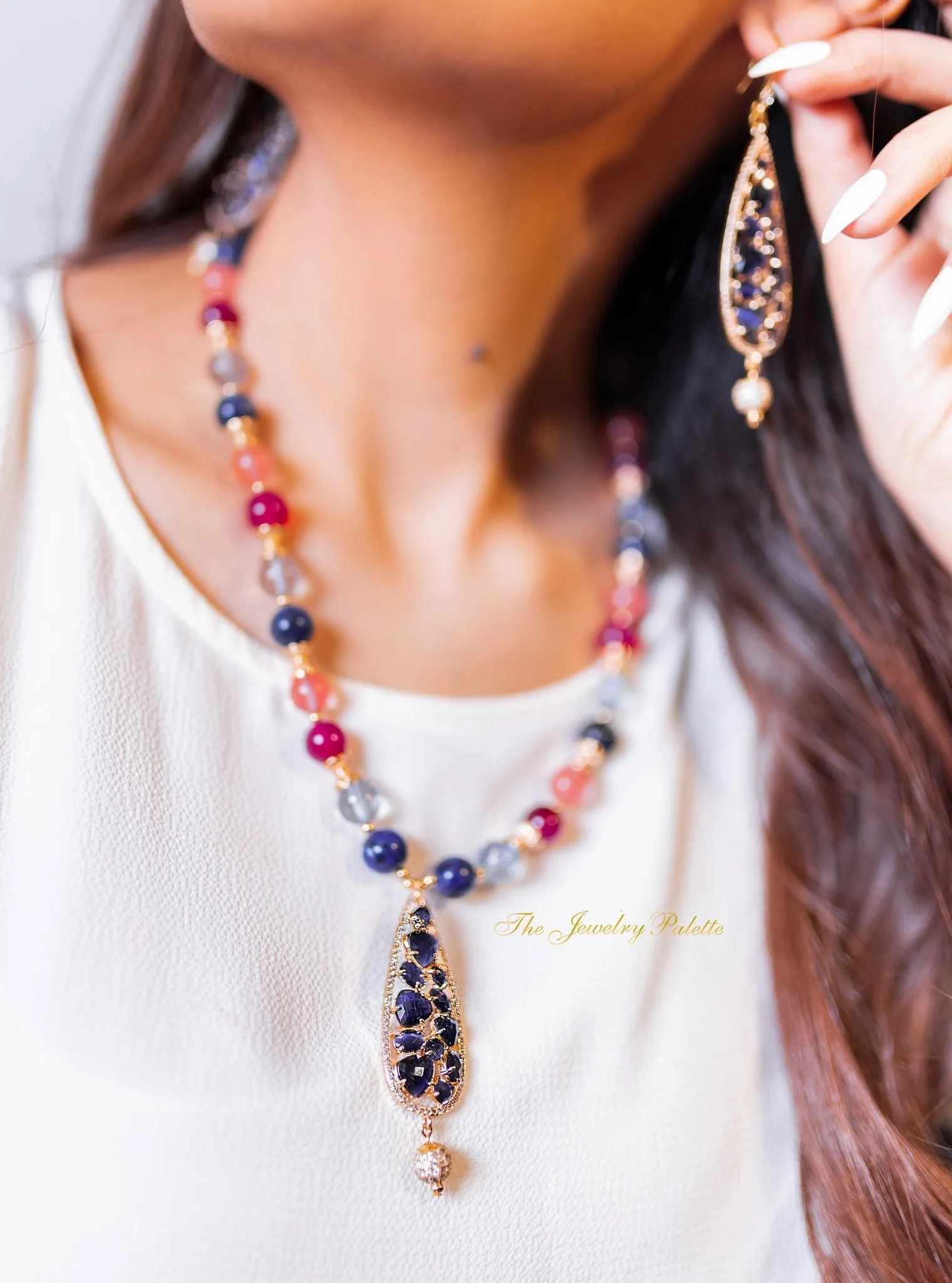Venetia navy blue gemstone necklace and earrings